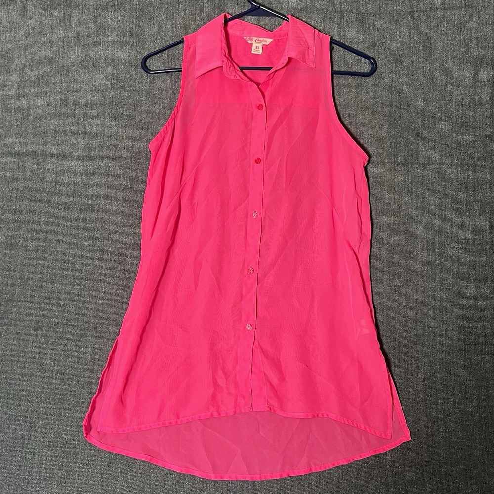 Candie's Womens XS Pink Solid Sheer Chiffon Collared Sleeveless Button-Down